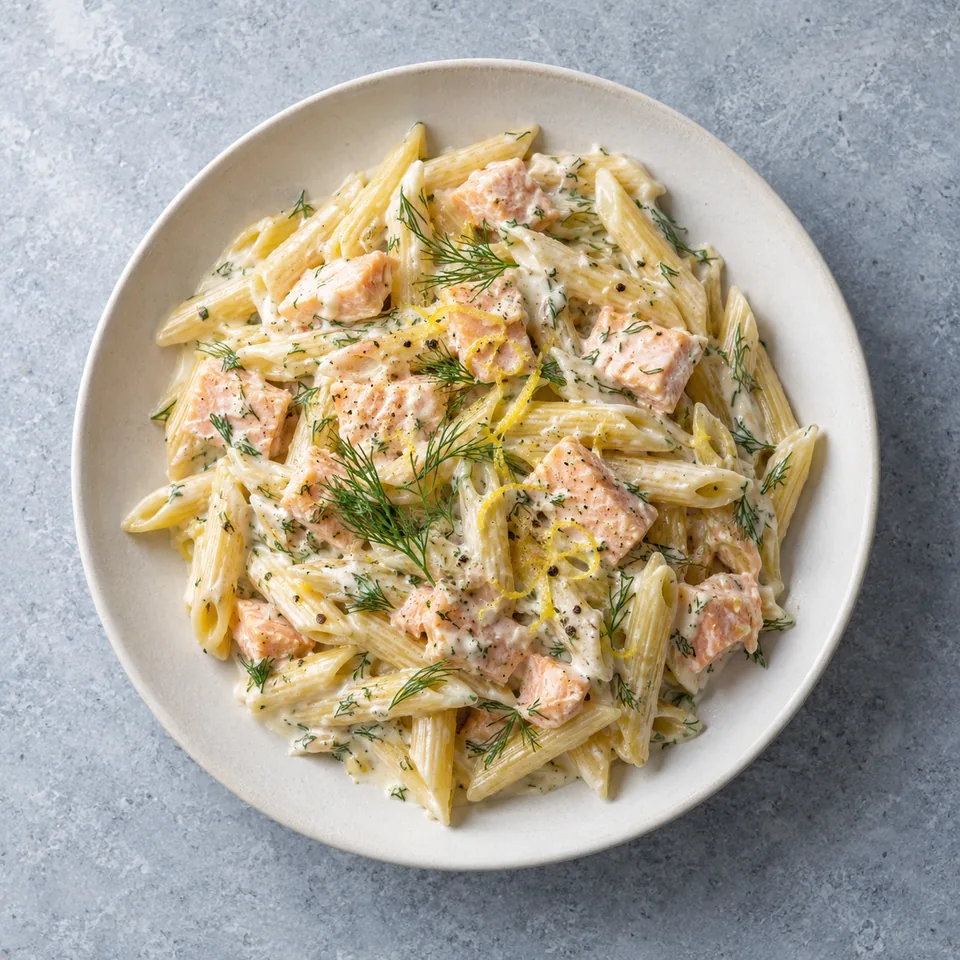 Assiette de penne au saumon, citron et aneth : pâtes nappées de sauce crémeuse, dés de saumon rose et aneth vert.