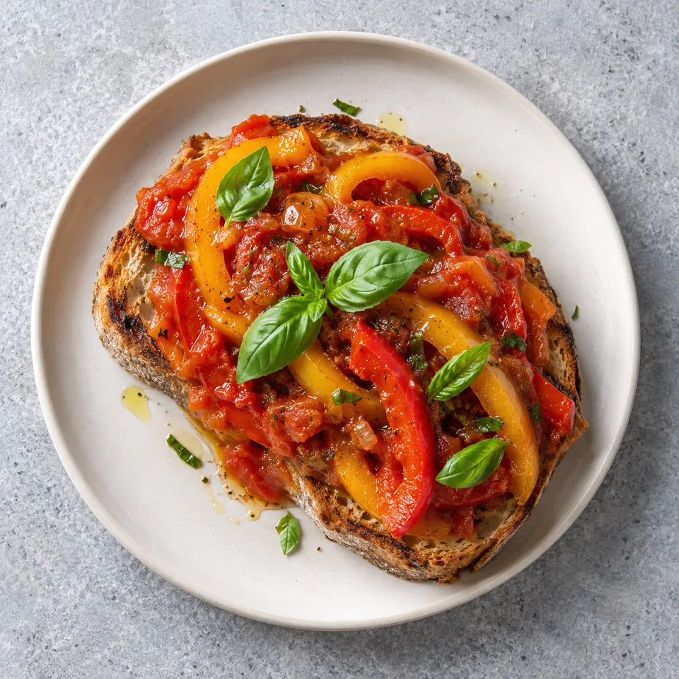 Peperonata, poivrons fondants à la tomate sur pain grillé