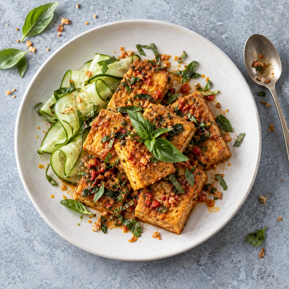 Pepes tahu : portion de tofu épicé doré et croustillant servi avec des lamelles de concombre frais sur une assiette blanche.