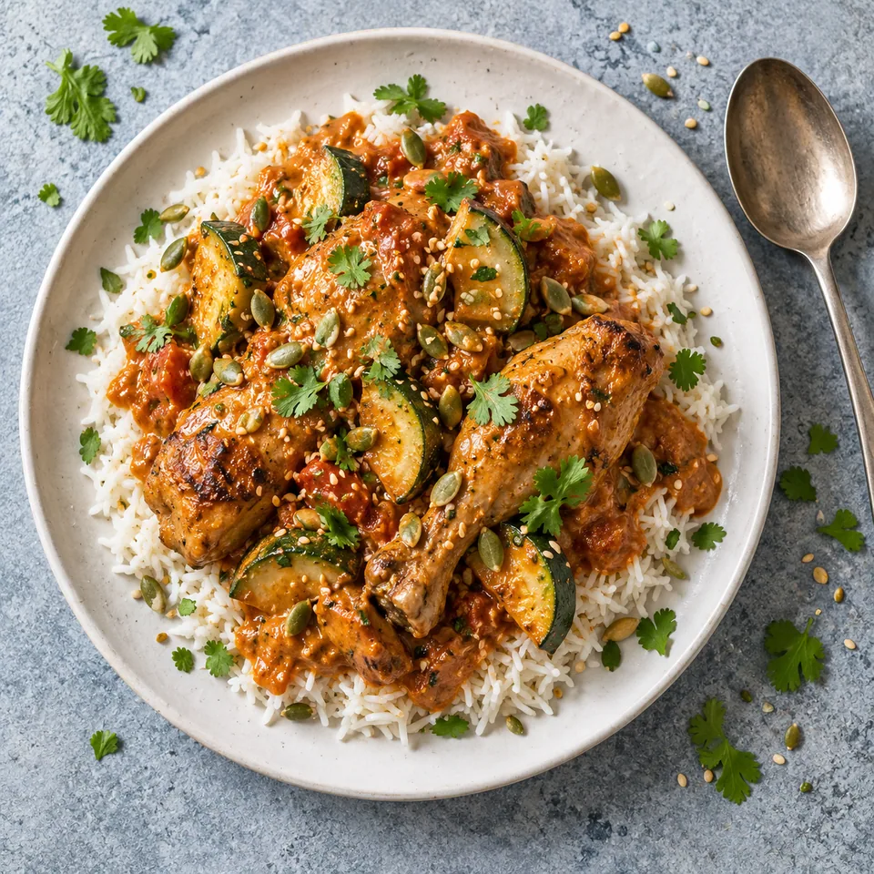 Pepián guatémaltèque : riz, poulet et courgettes nappés de sauce tomate grillée, graines et coriandre sur assiette blanche.