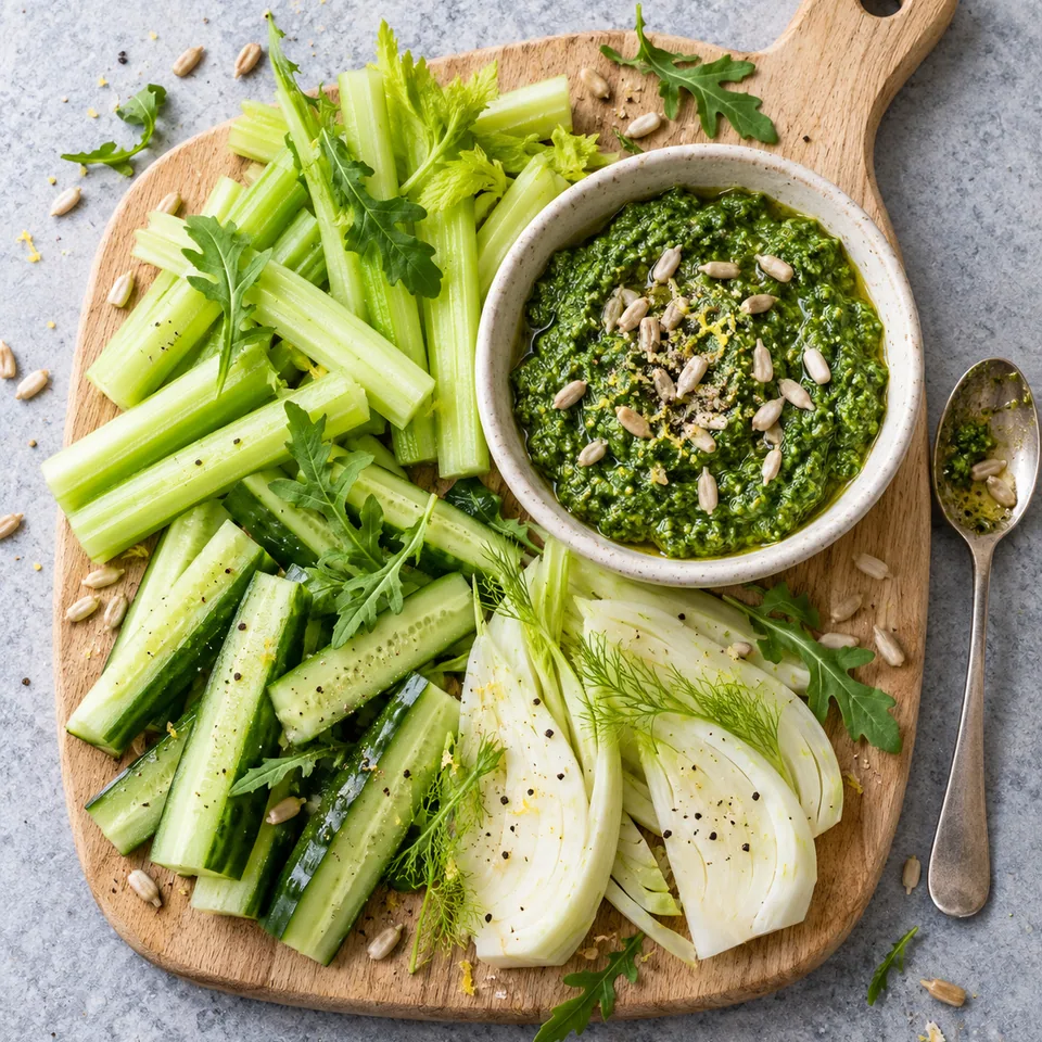 Bâtonnets de légumes crus et pesto de roquette aux graines de tournesol sur planche en bois