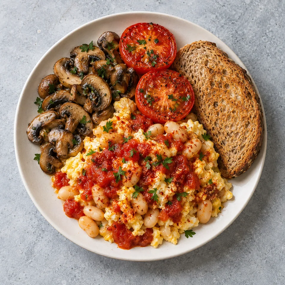 Petit-déjeuner anglais à la poêle : œufs aux haricots, champignons dorés, tomates rôties et pain complet sur assiette blanche.