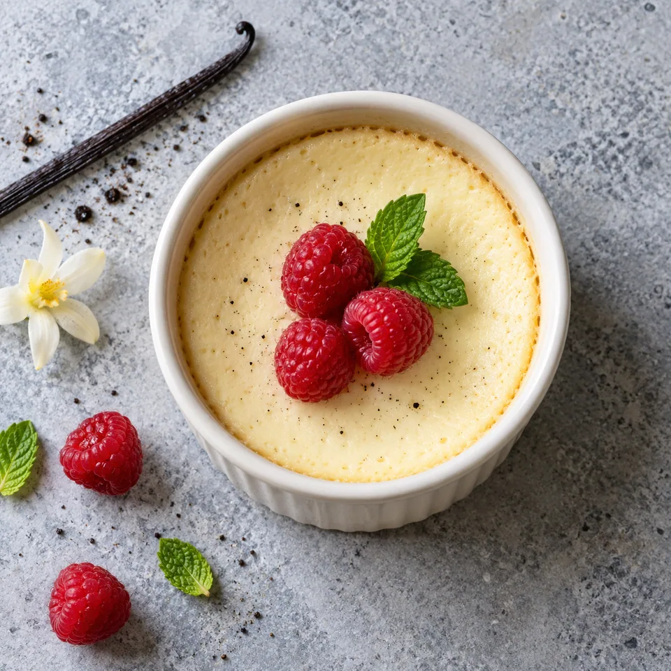 Petit flan vanille au skyr dans un ramequin blanc, garni de 3 framboises rouges fraîches.