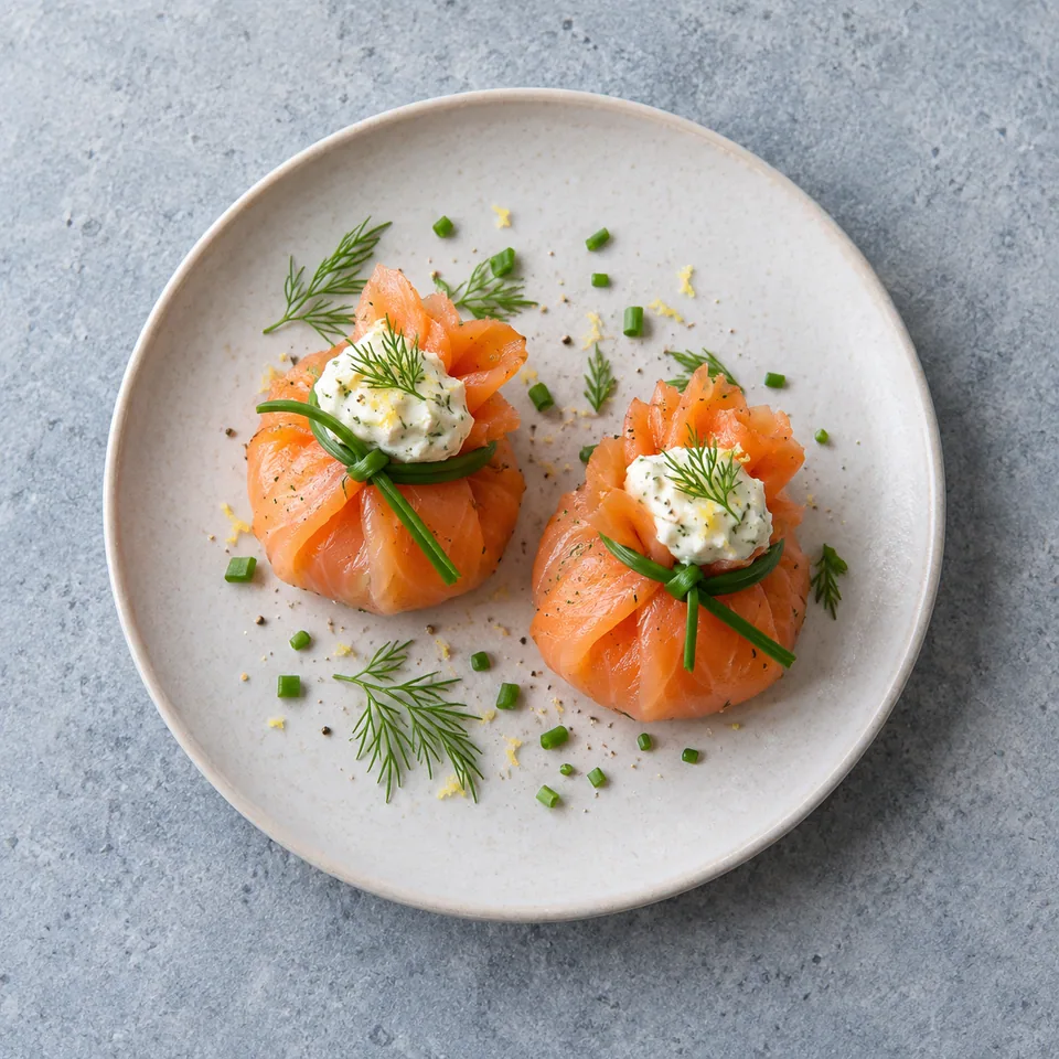 Deux baluchons de saumon fumé farcis et nappés de crème anethée sur une assiette blanche.