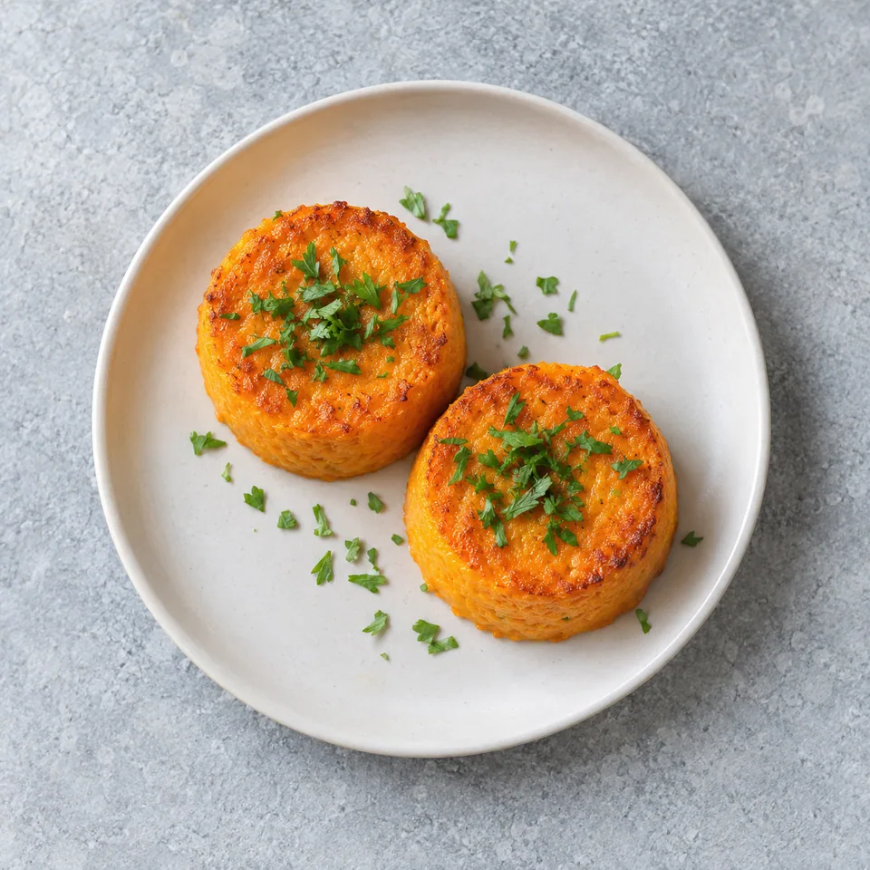 Deux petits flans de carottes orange vif sur assiette blanche, garnis de persil vert haché.