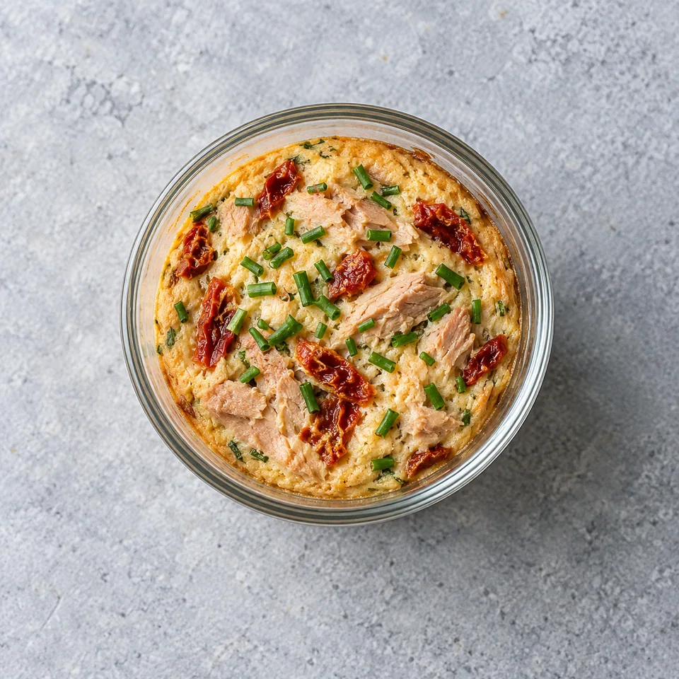 Petits flans thon-cottage cheese à l’air fryer : portion dans une verrine, surface lisse avec thon, tomates séchées et ciboulette.