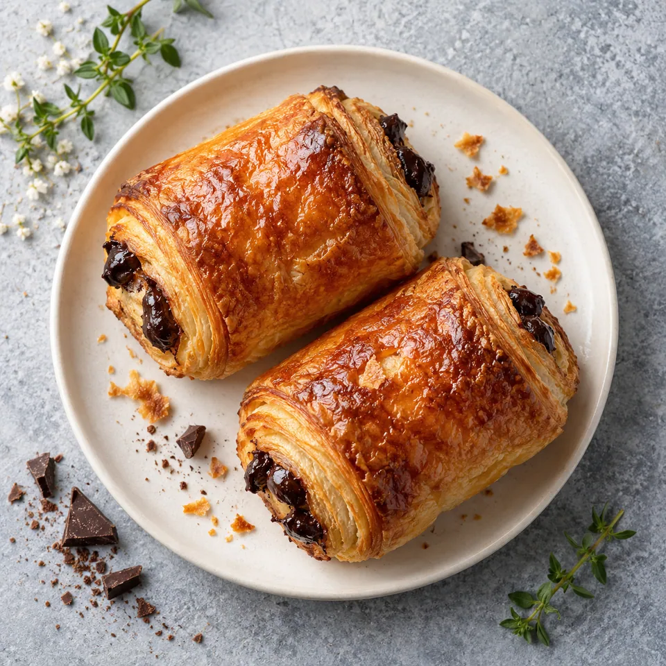 Deux petits pains au chocolat au yaourt dorés et brillants sur une petite assiette blanche, avec du chocolat noir visible.