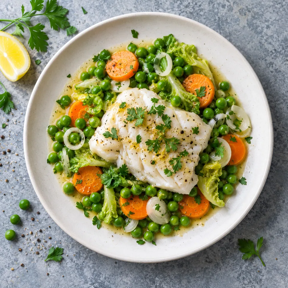 Assiette de cabillaud fondant aux petits pois, carottes et laitue, sauce au beurre et persil.