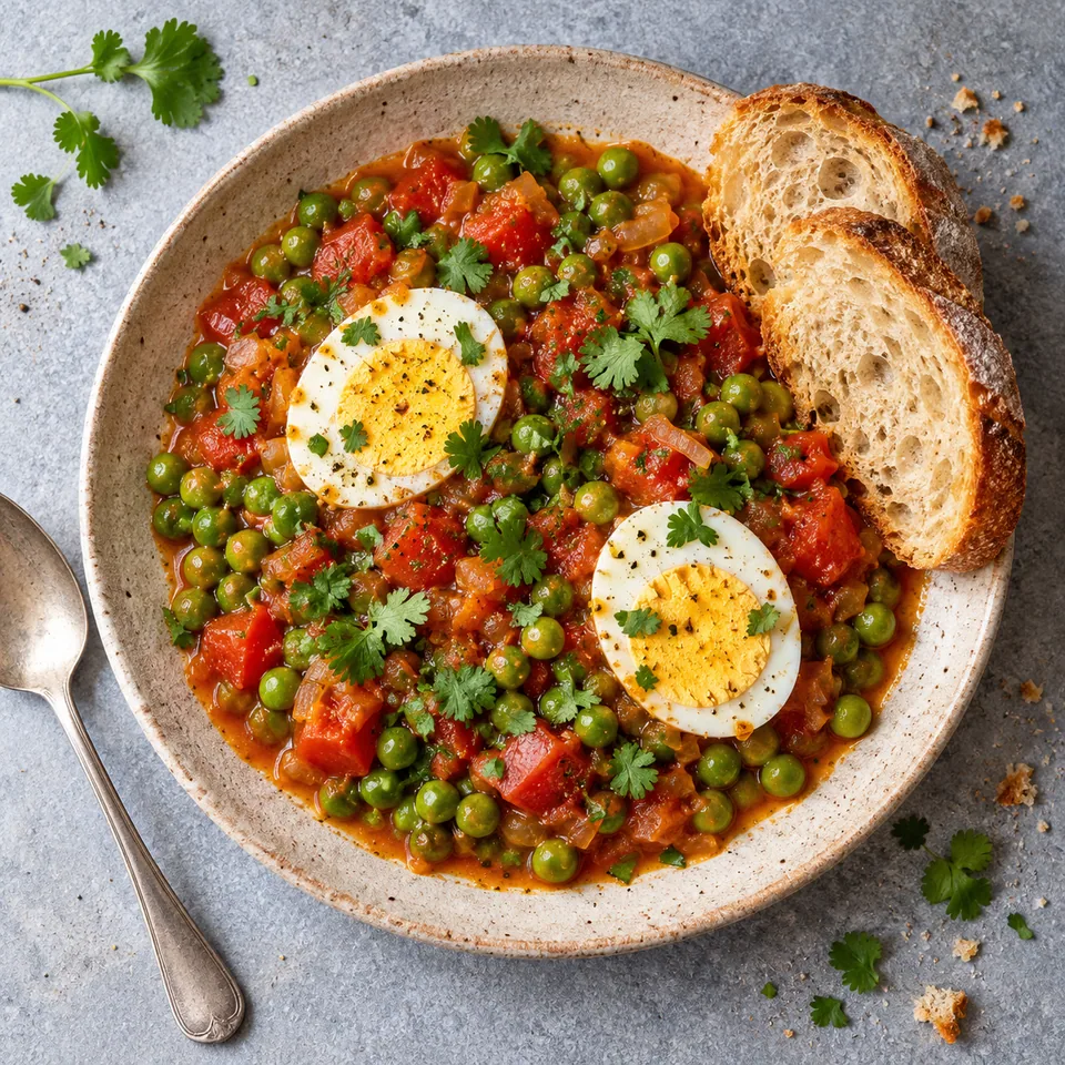 Petits pois à la portugaise, œufs bien cuits : portion sur assiette grès beige avec sauce tomate, petits pois verts, œufs durs et pain de campagne.