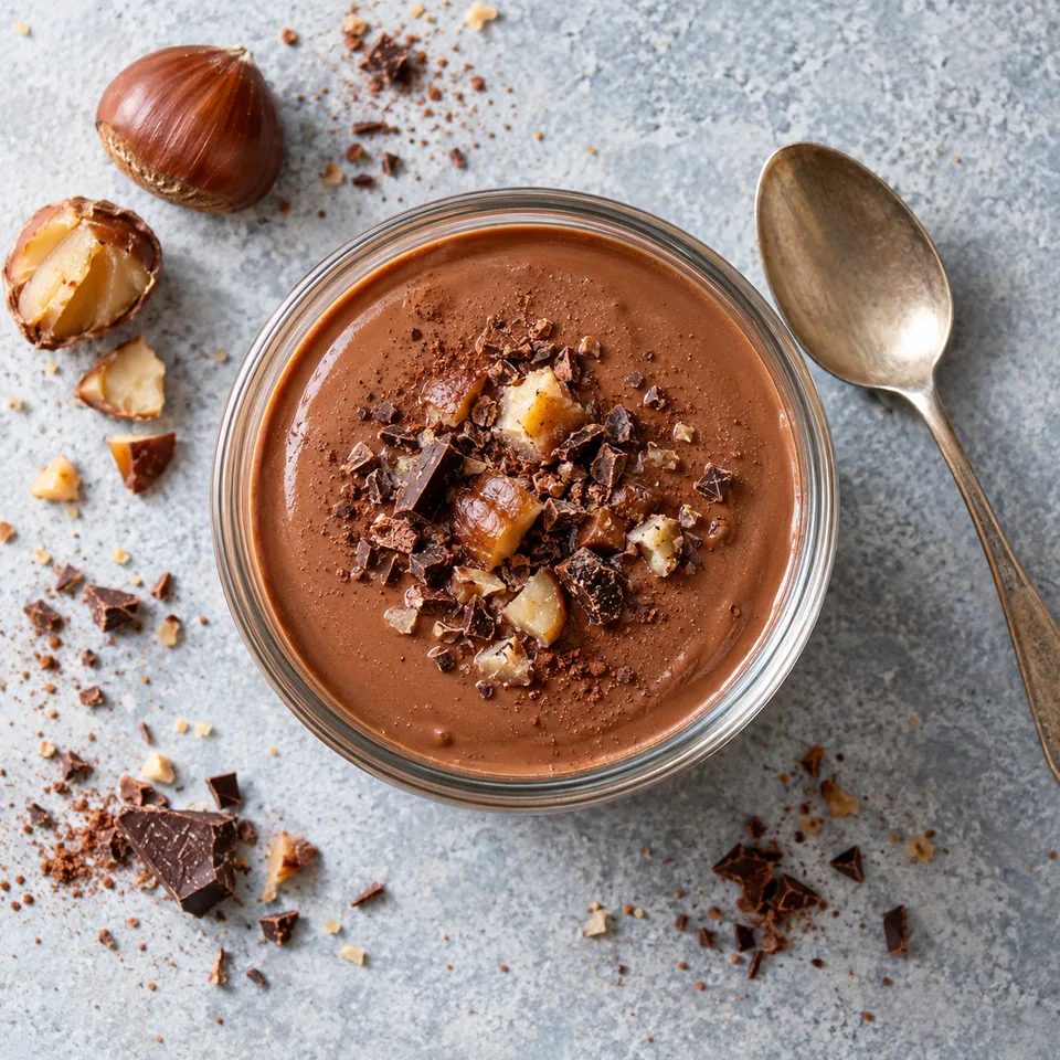 Petits pots de crème à la châtaigne et au cacao : une portion onctueuse et lisse dans une verrine en verre.