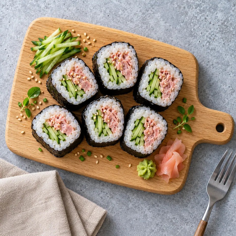 Portion de six rouleaux de sushi au thon et concombre sur planche en bois, vue de dessus.