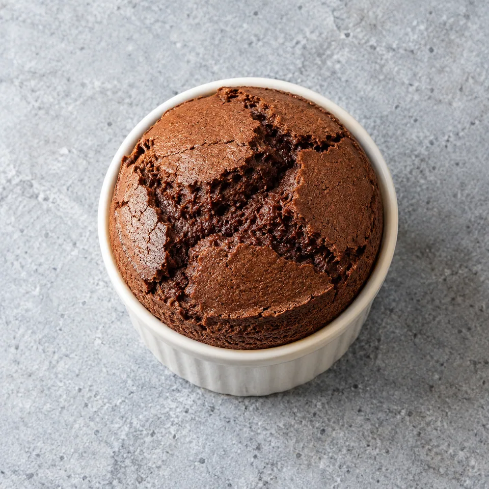 Petits soufflés chauds au chocolat noir : un soufflé gonflé et doré dans un ramequin blanc cassé.