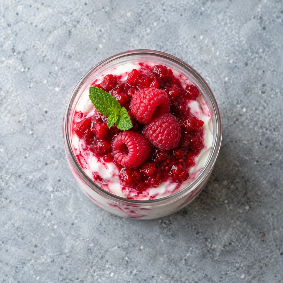 Verrine de petits-suisses maison aux framboises : crème blanche marbrée et topping de fruits rouges éclatants.
