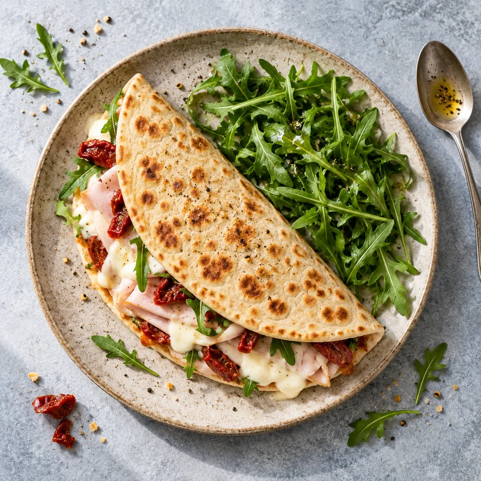 Piadina au jambon de dinde, roquette et mozzarella sur assiette beige, garnie de roquette fraîche.