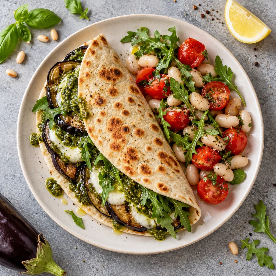 Piadina aubergine, mozzarella et pesto servie sur une assiette blanche avec salade de haricots et tomates.