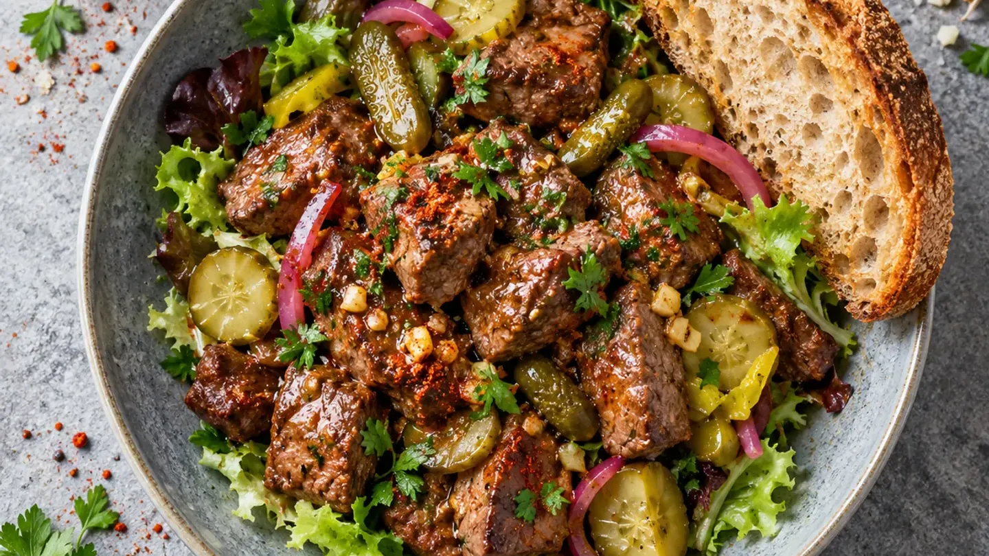 Pica-pau de bœuf à l’ail et aux pickles
