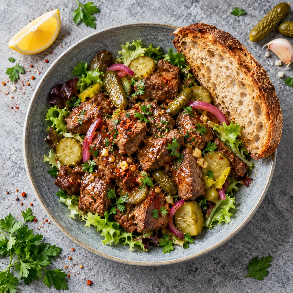 Pica-pau de bœuf à l’ail et aux pickles : dés de bœuf dorés sur salade verte avec pickles et pain de campagne.