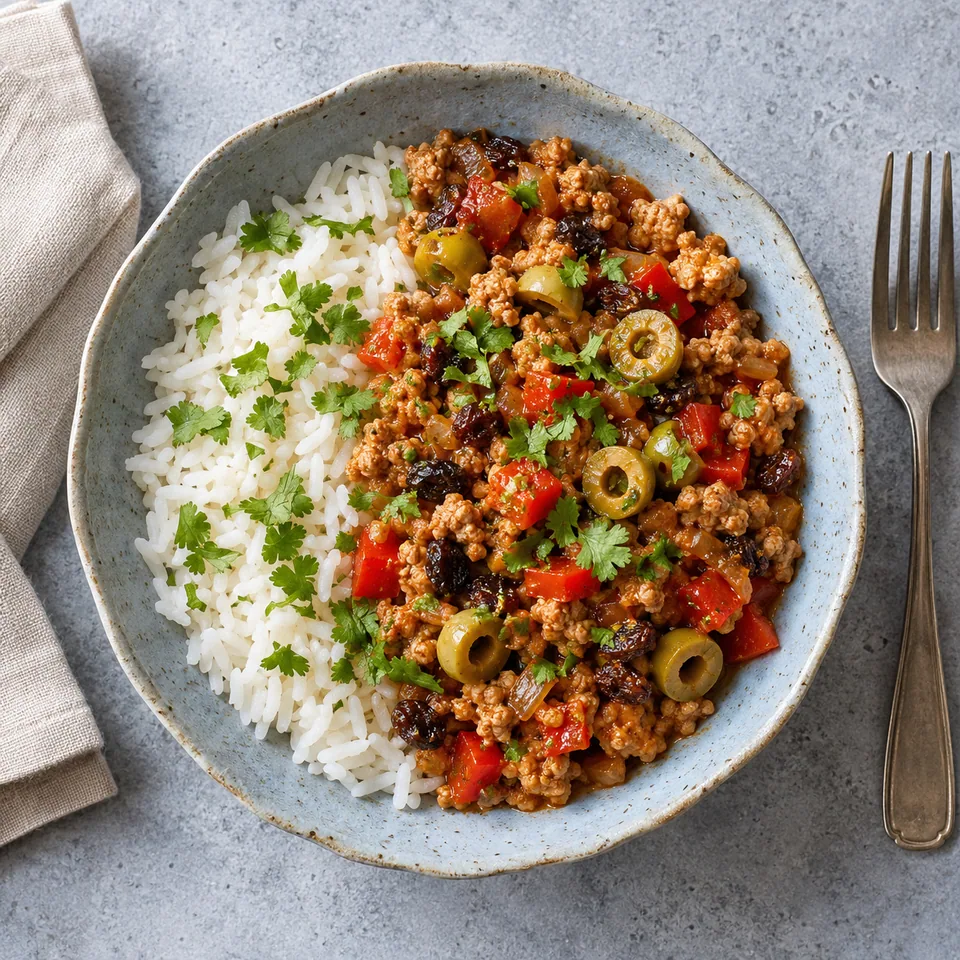 Picadillo de dinde aux olives et raisins secs, riz : bol bleu-gris, riz, viande hachée, poivron rouge, olives vertes, raisins secs, coriandre.