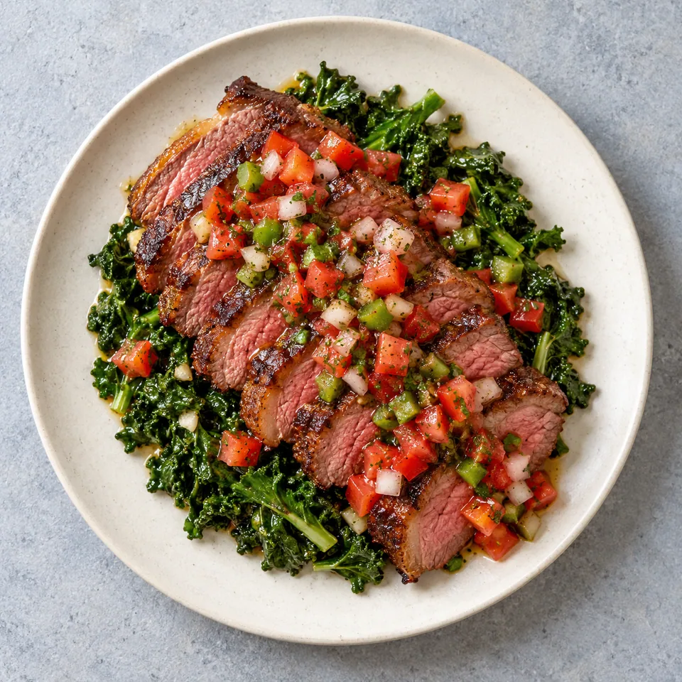 Assiette de picanha grillée tranchée sur kale sauté, nappée de vinagrette aux dés de tomate et poivron.