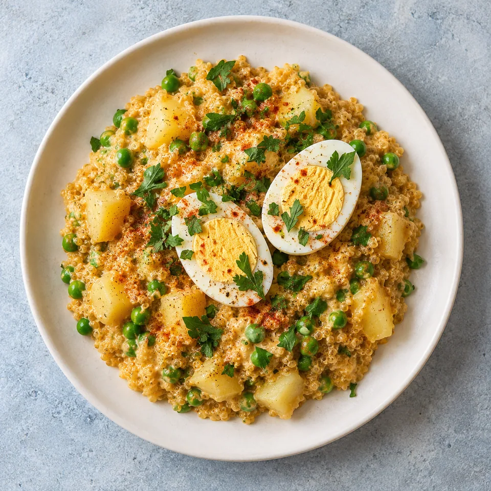 Picante de quinua : quinoa crémeux aux pois et pommes de terre, garni de deux œufs durs et persil frais sur assiette blanche.