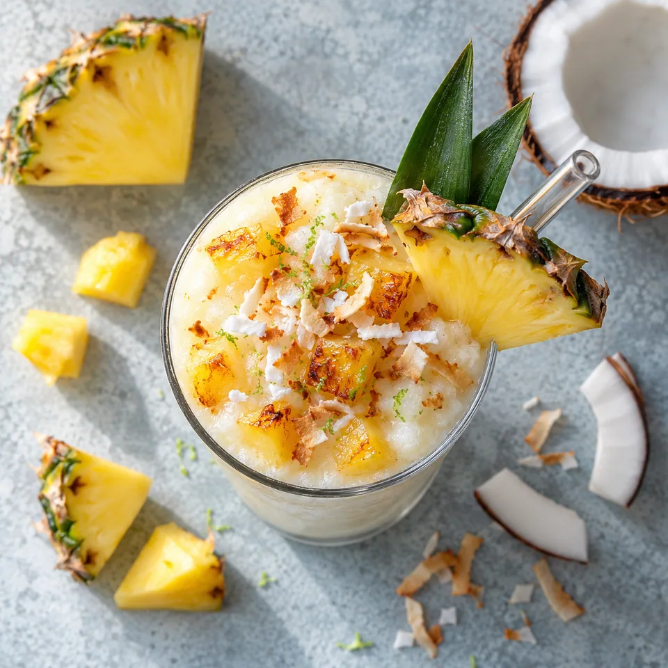 Piña colada au rhum, ananas rôti et coco : verre de cocktail givré blanc crème garni de dés d'ananas dorés.