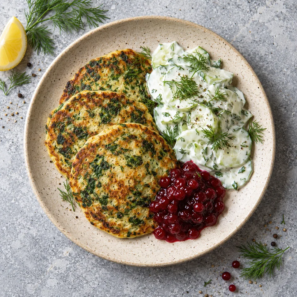 Pinaattiohukaiset : trois crêpes vertes aux épinards servies avec salade de concombre et compote d'airelles sur assiette beige.