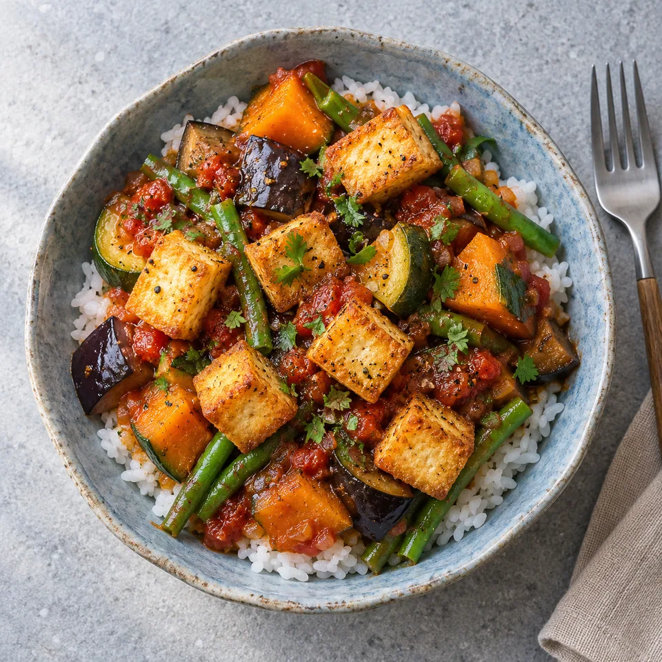 Bol de pinakbet végétal avec riz, légumes mijotés colorés et tofu doré croustillant.