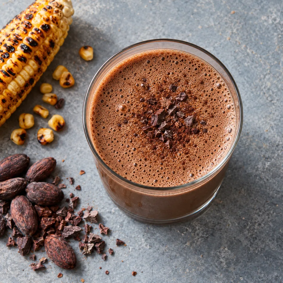 Pinolillo au maïs grillé et au cacao dans un grand verre transparent, boisson marron chocolat onctueuse et mousseuse.
