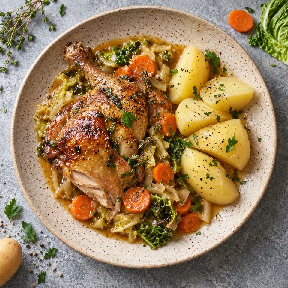 Pintade en cocotte, chou et pommes vapeur : portion de viande dorée, légumes mijotés et pommes de terre vapeur sur assiette grès beige.