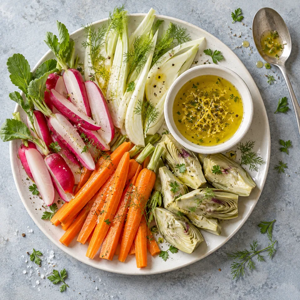 Pinzimonio de crudités printanières : bâtonnets de radis, fenouil, carottes et artichauts sur assiette blanche avec sauce à part.