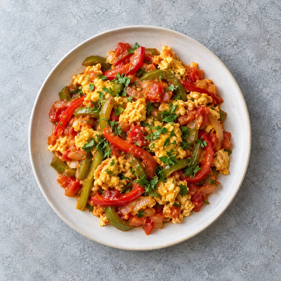 Piperade aux œufs : œufs brouillés avec poivrons en lanières, tomates, oignon et persil ciselé.