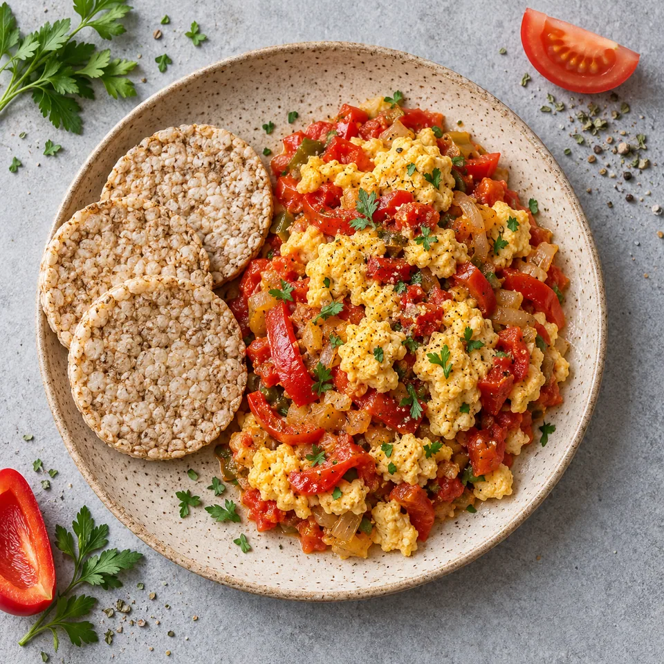 Piperade express aux œufs brouillés bien cuits avec galettes de riz sur assiette beige mouchetée