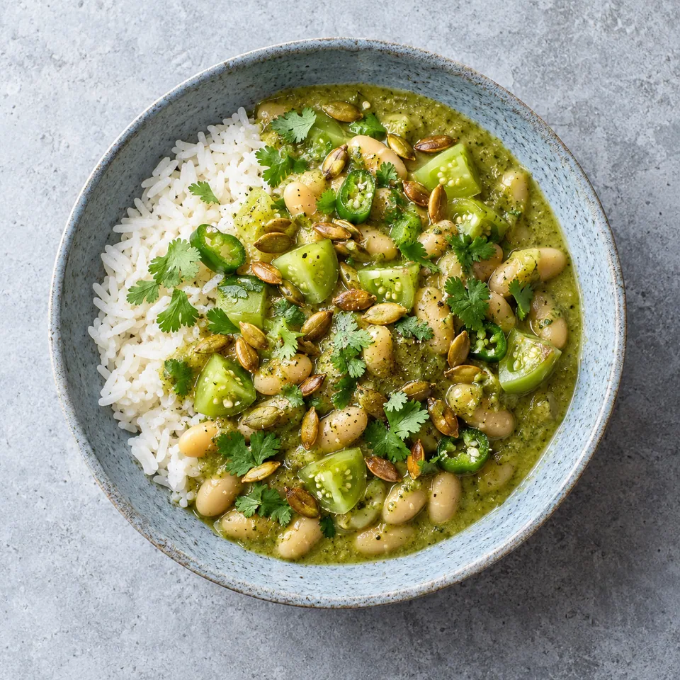 Assiette creuse bleu-gris contenant du riz, des haricots blancs et une sauce verte au pipián garnie de graines de courge dorées.