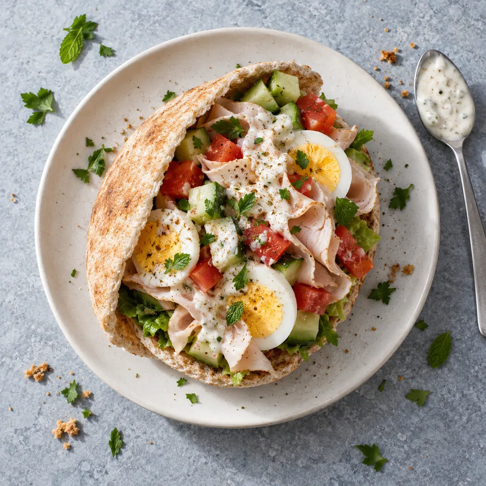 Pita à l’œuf dur, dinde et crudités : pain complet garni de dés de légumes, dinde et œuf, nappé de sauce yaourt.