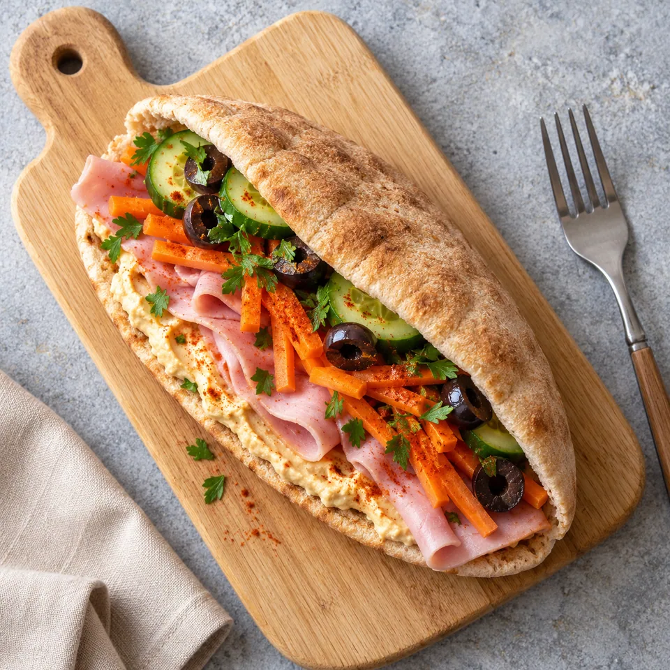 Pita au jambon, houmous et crudités servi sur une planche en bois clair, montrant la garniture colorée.