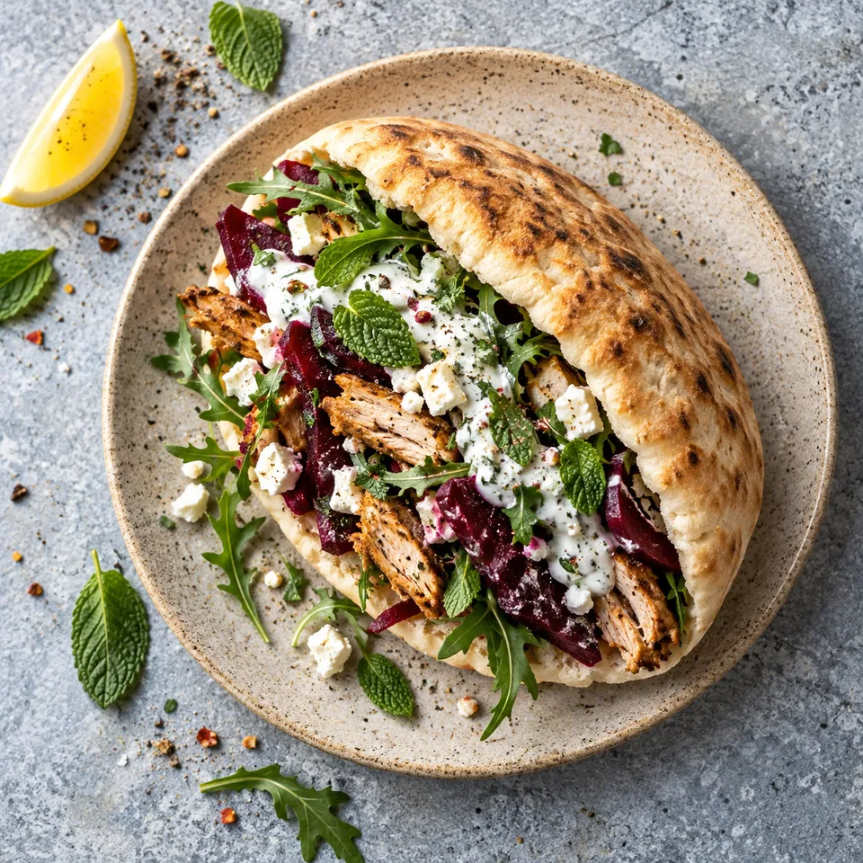 Pita au poulet, betterave et feta sur assiette beige, sauce crémeuse et herbes fraîches.
