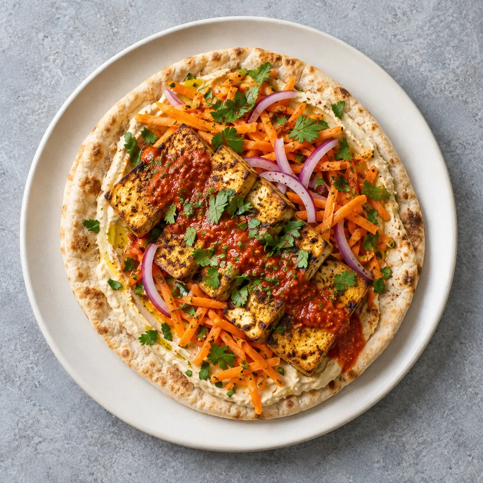 Pita au tofu grillé, harissa et carottes au cumin : pita garni de houmous, tofu doré, carottes râpées et persil sur assiette blanche.