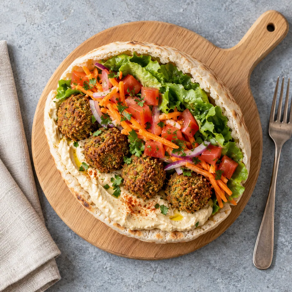 Pita aux falafels, houmous et crudités : pain pita ouvert garni de falafels dorés, houmous, carottes râpées, tomates et salade sur une planche en bois.