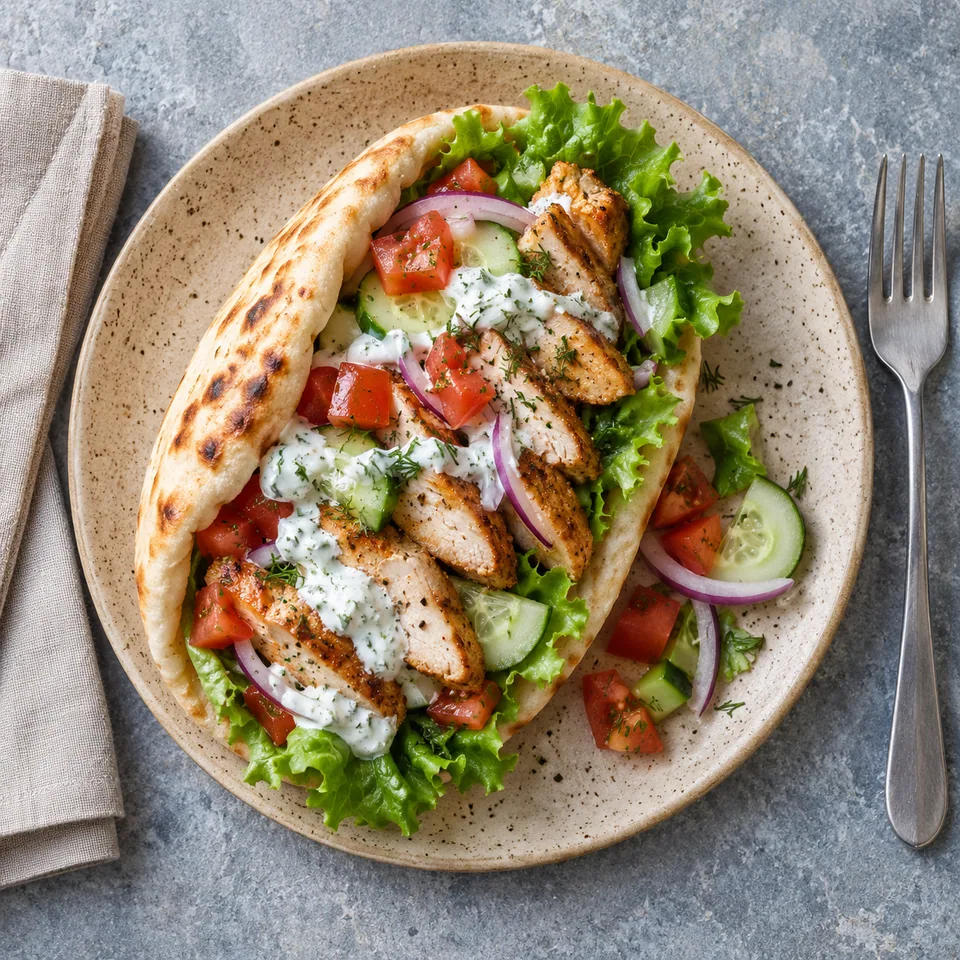 Pita grecque au poulet rôti et tzatziki servie sur une assiette beige moucheté, garnie de légumes frais et de sauce blanche.