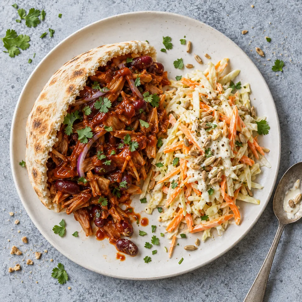 Pita au jacquier barbecue et coleslaw sur assiette blanche