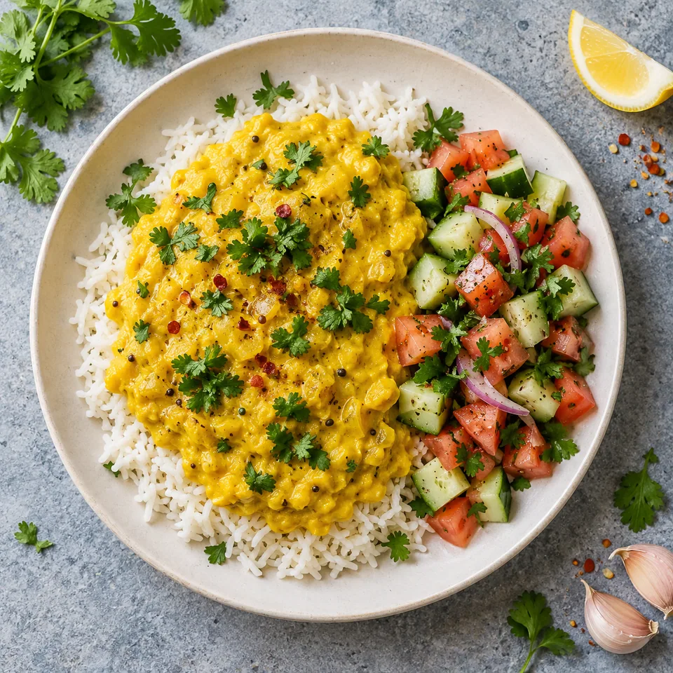 Assiette de pithla crème de pois chiche à l'ail sur riz, accompagnée d'une salade de concombre et tomate.
