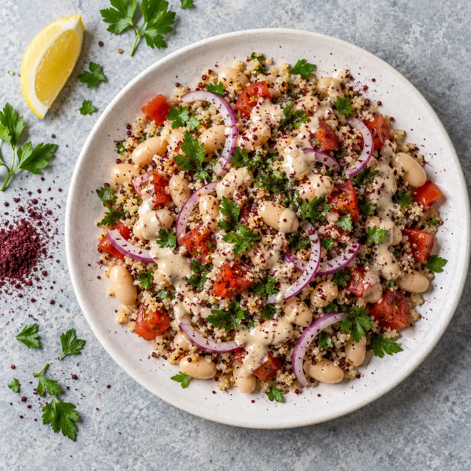 Piyaz de haricots blancs au sumac : salade composée de haricots, quinoa, tomates et oignon rouge nappée de tahini et parsemée de persil sur une assiette blanche.