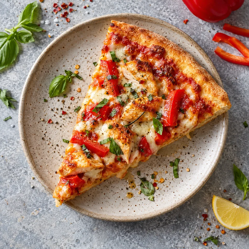 Part de pizza au fromage blanc, poulet et poivrons sur assiette beige, croûte dorée, sauce tomate brillante et mozzarella fondante.