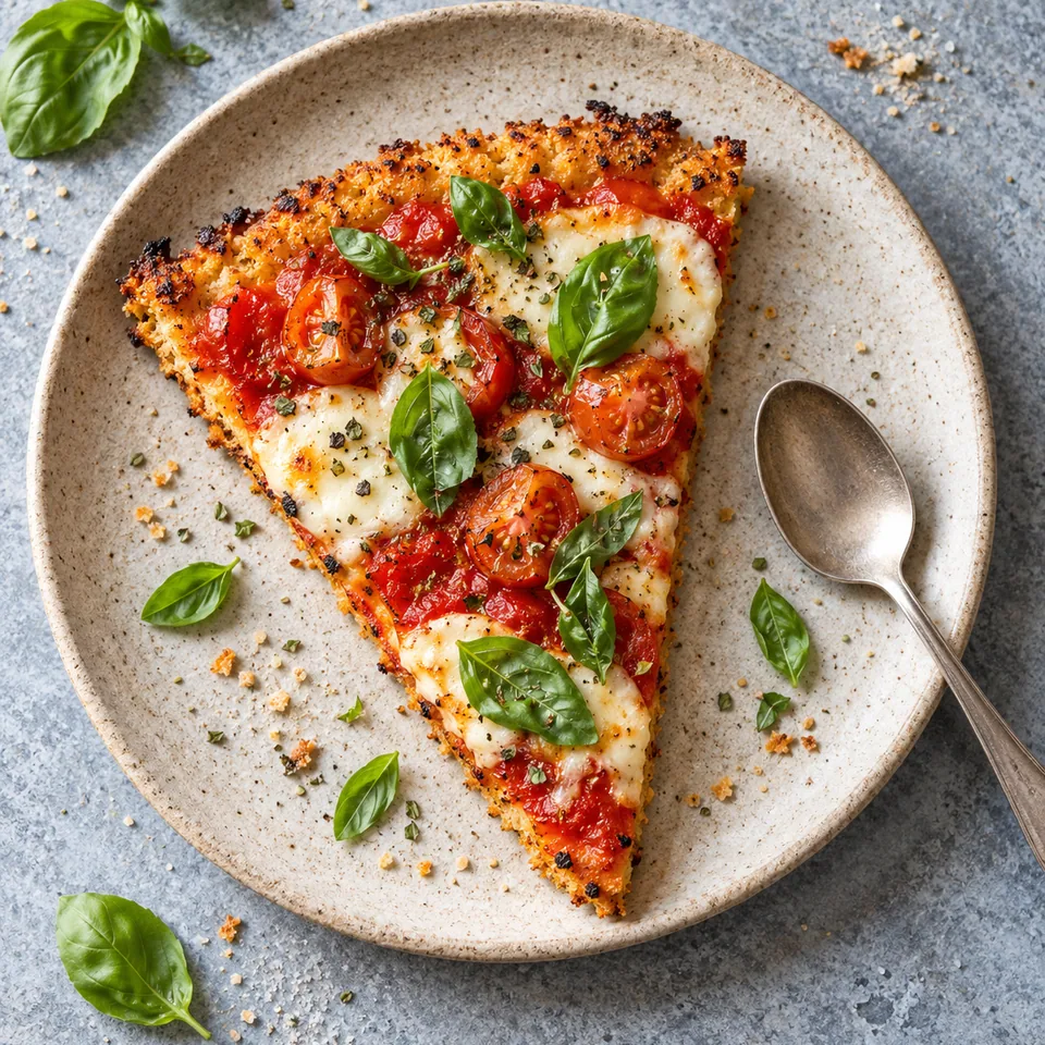 Part de pizza sans gluten à base de chou-fleur, mozzarella fondue, tomates cerises et basilic frais sur assiette beige.
