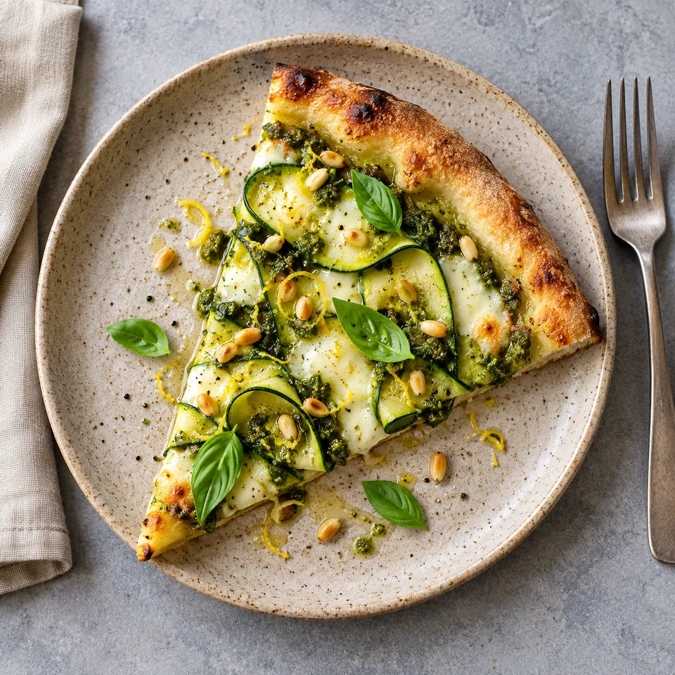 Part de pizza au pesto, courgettes et mozzarella sur assiette beige, bords dorés et garniture verte.
