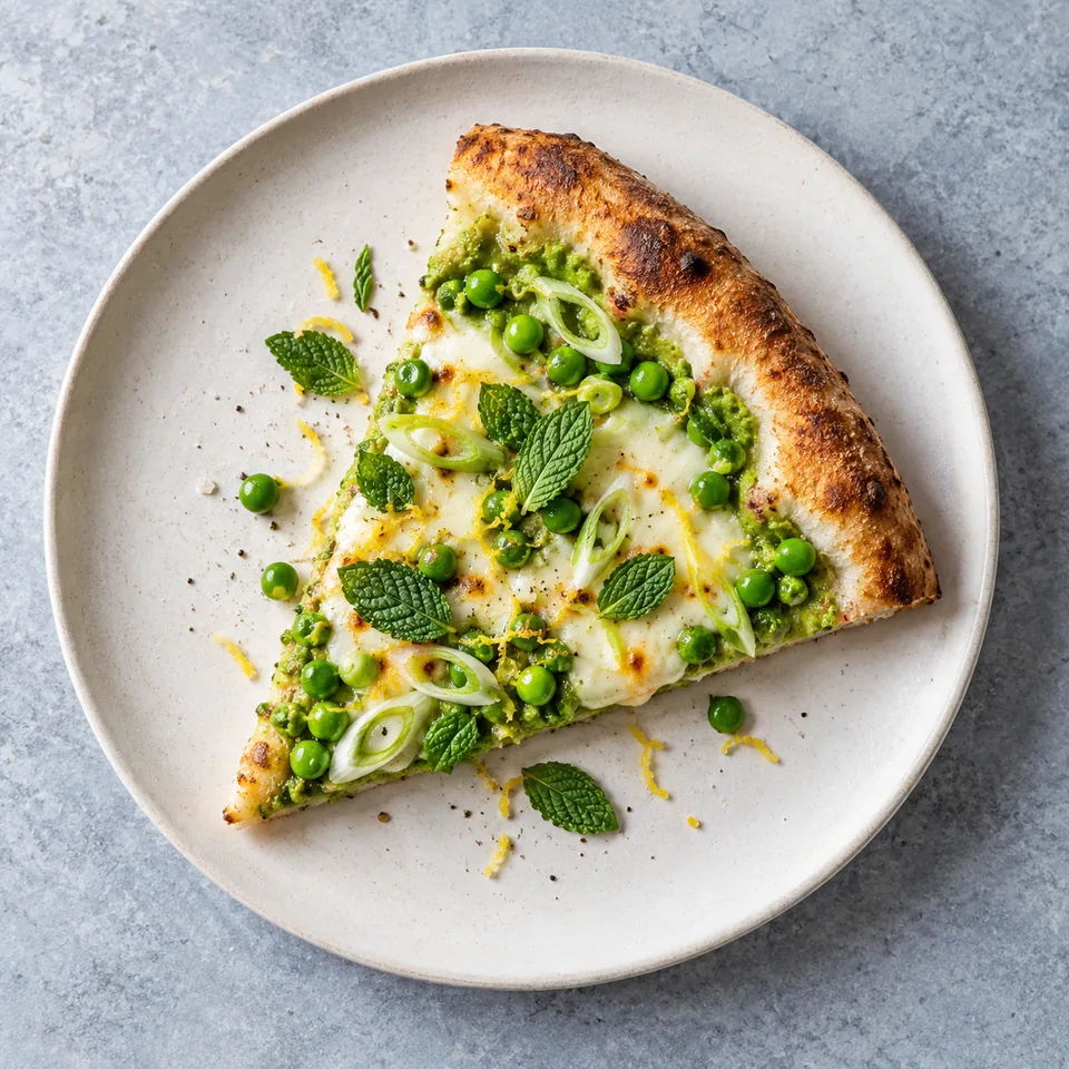 Part de pizza aux petits pois, mozzarella et menthe sur assiette blanche