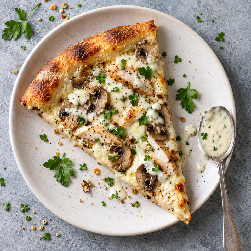 Part de pizza blanche au poulet et champignons sur assiette blanche, croûte dorée, garniture crémeuse et persil.