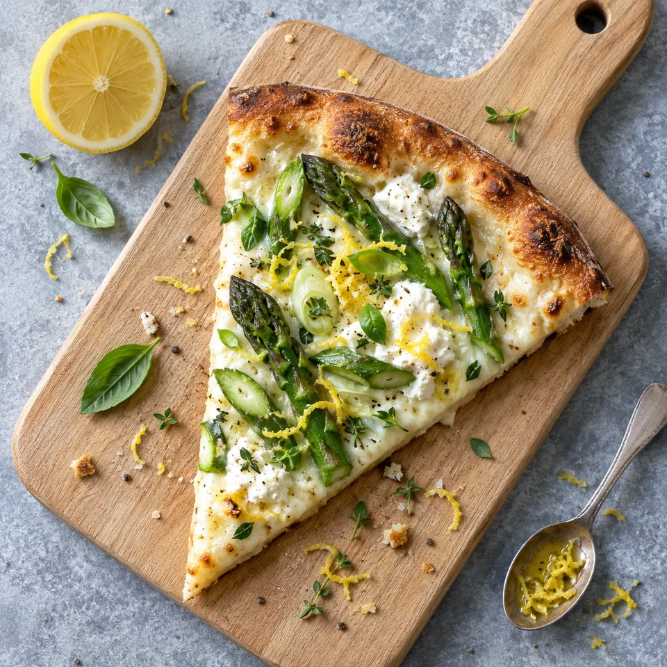Part de pizza blanche aux asperges et mozzarella sur planche en bois, bords dorés et garniture verte.