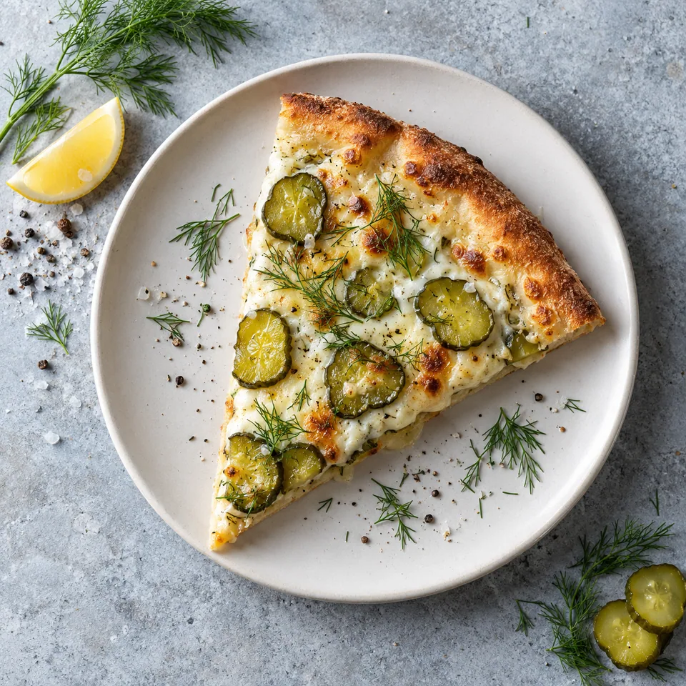 Une part de pizza blanche aux cornichons et aneth sur assiette blanche, garnie de rondelles vertes et d'herbes fraîches.