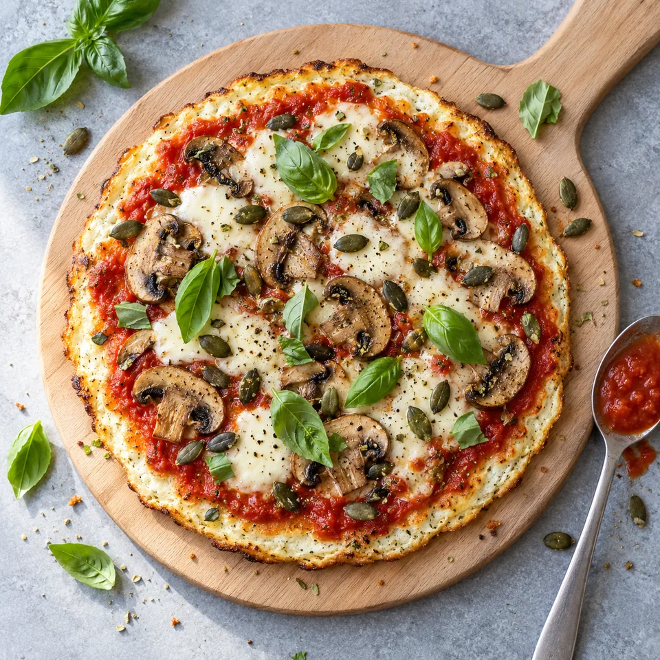 Pizza de blancs d’œufs à la poêle sur planche en bois, avec tomate, champignons, mozzarella fondue, basilic et graines de courge.